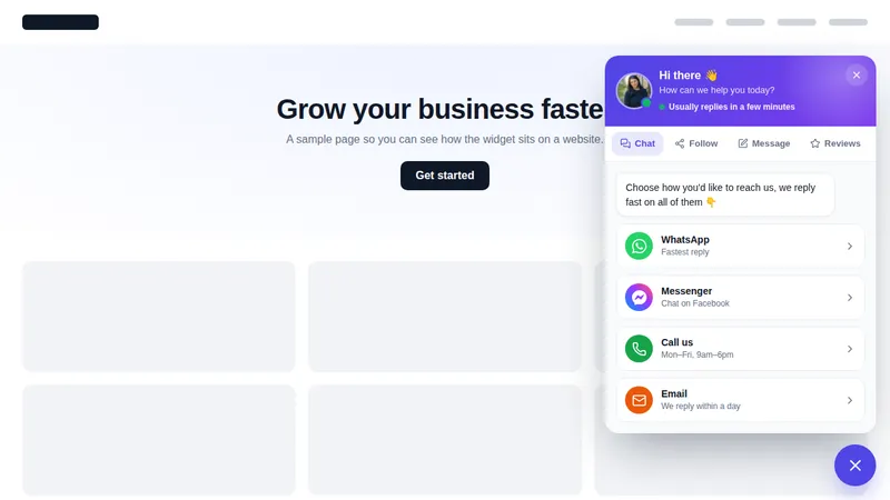 All-in-one floating hub with chat, follow, message and reviews tabs on a sample website