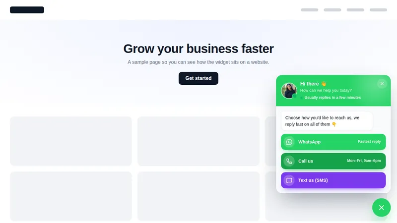 WhatsApp and call hub floating widget opened on a sample website