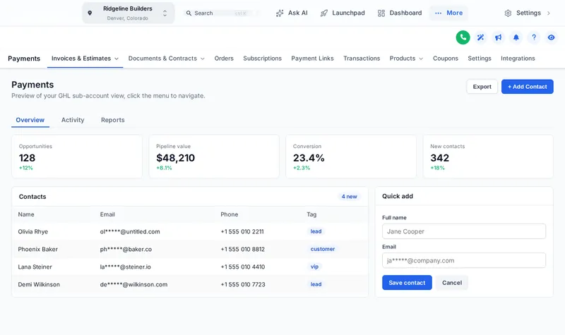 GoHighLevel menu moved into a glass top bar above the payments page