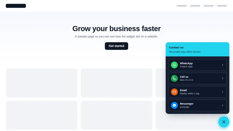 Dark contact hub widget listing WhatsApp, call, email and Messenger on a sample website