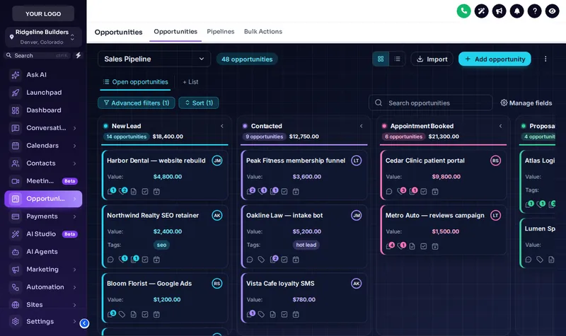Dark GoHighLevel opportunities board in the Midnight Neon design