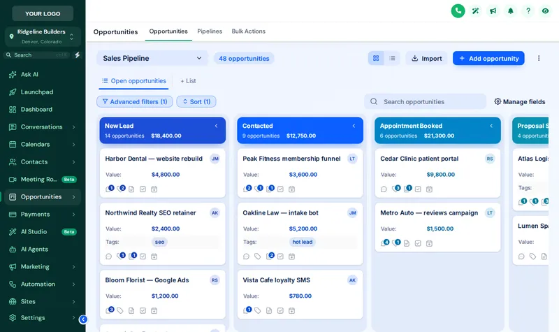 GoHighLevel opportunities board in the Ocean Pro design with a color per stage