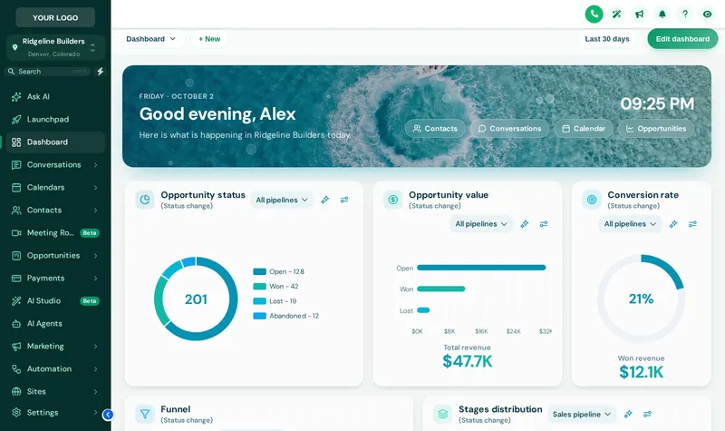 GoHighLevel dashboard restyled with the Forest Finance theme and Glass UI kit, lagoon photo welcome banner