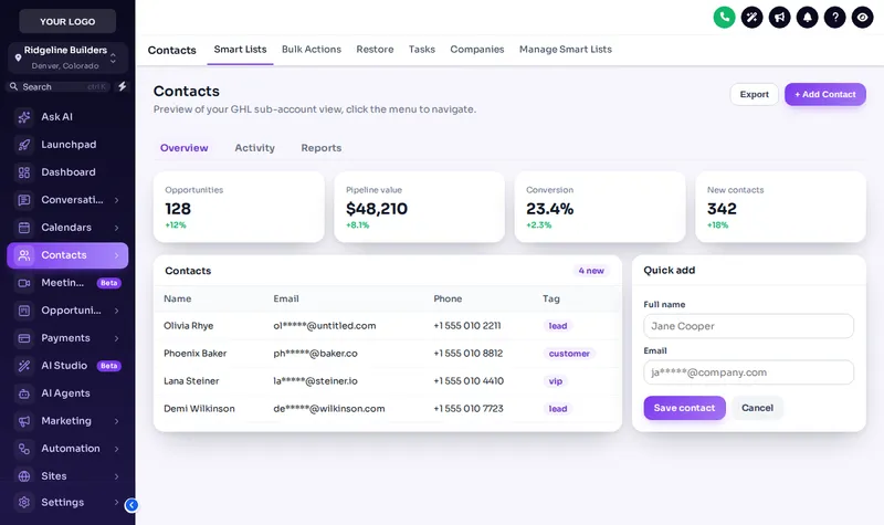 GoHighLevel contacts page in the Midnight Sky theme with a violet sidebar