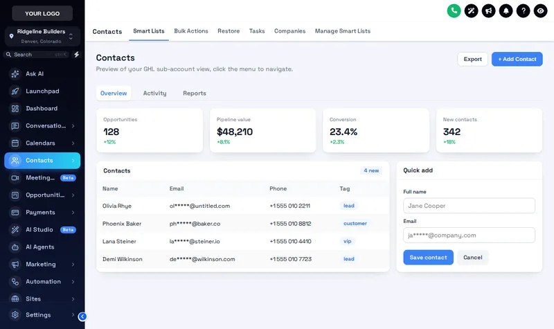 GoHighLevel contacts page in the Deep Space orbit theme with a blue accent